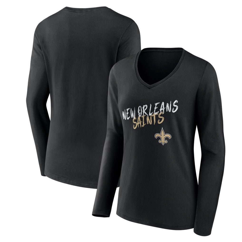 New Orleans Saints Women's Hustle Long Sleeve V-Neck T-Shirt Black - NFL