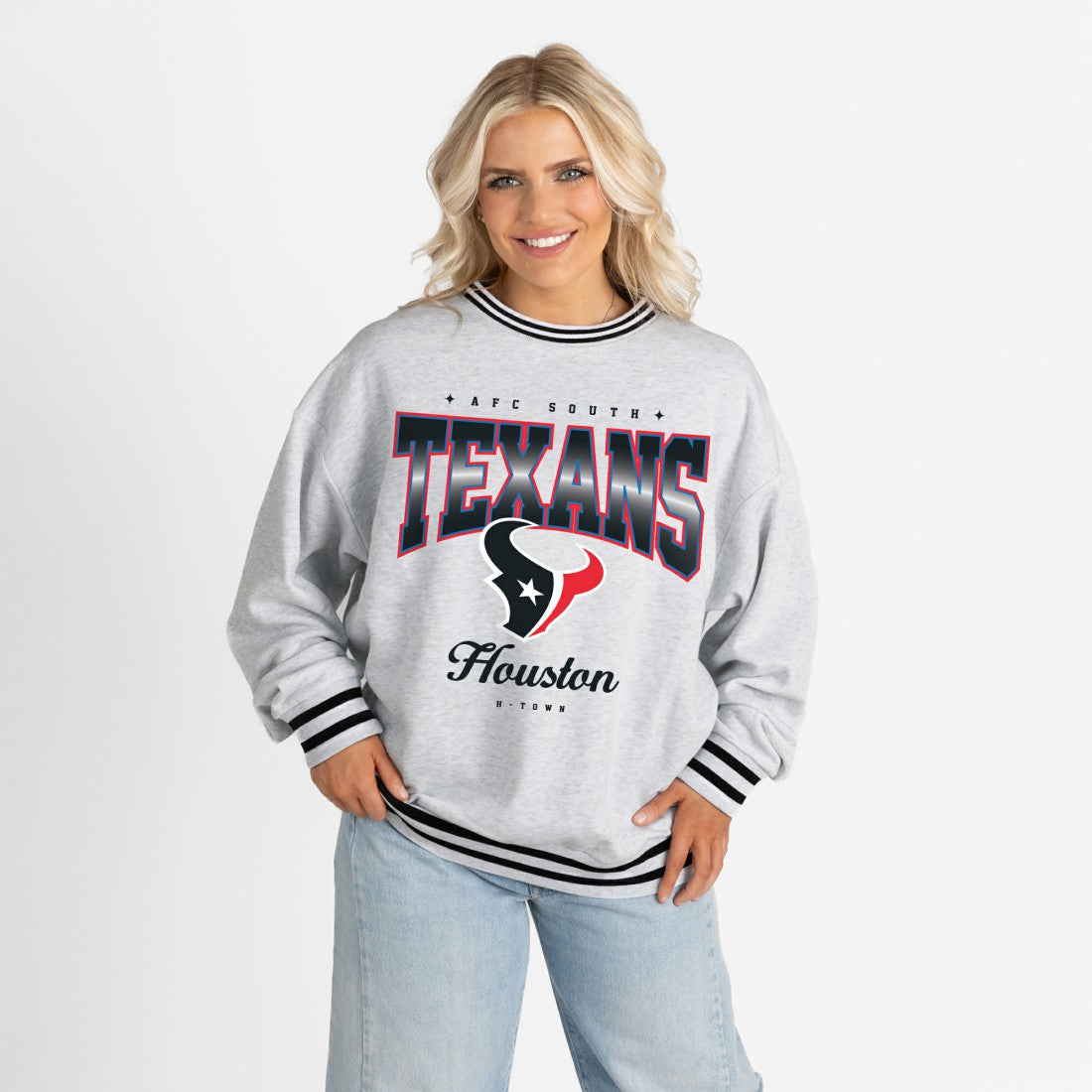 Houston Texans Gameday Couture Women's Oversized Gridiron Drive Ringer Stripe Sweatshirt Ash/Black - NFL