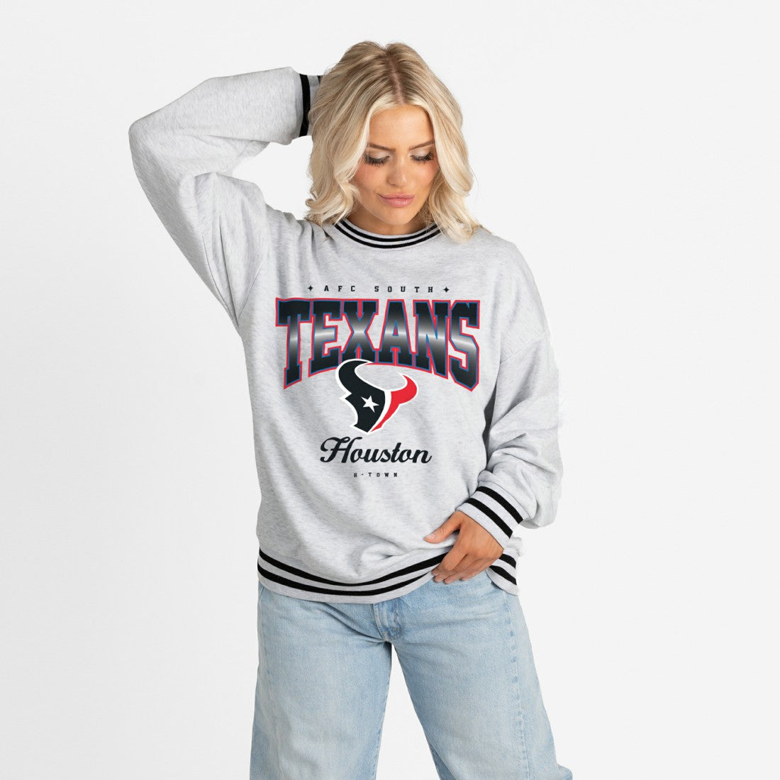 Houston Texans Gameday Couture Women's Oversized Gridiron Drive Ringer Stripe Sweatshirt Ash/Black - NFL