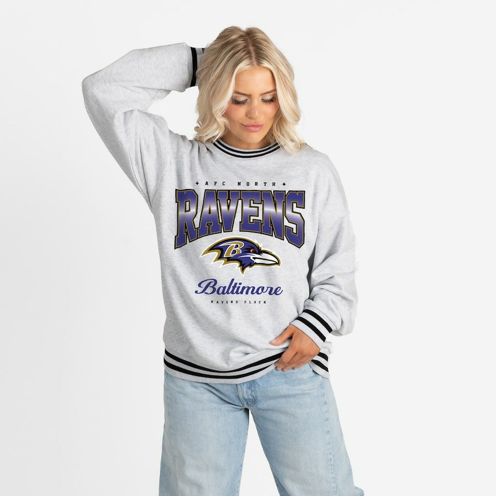 Baltimore Ravens Gameday Couture Women's Oversized Gridiron Drive Ringer Stripe Sweatshirt Ash/Black - NFL
