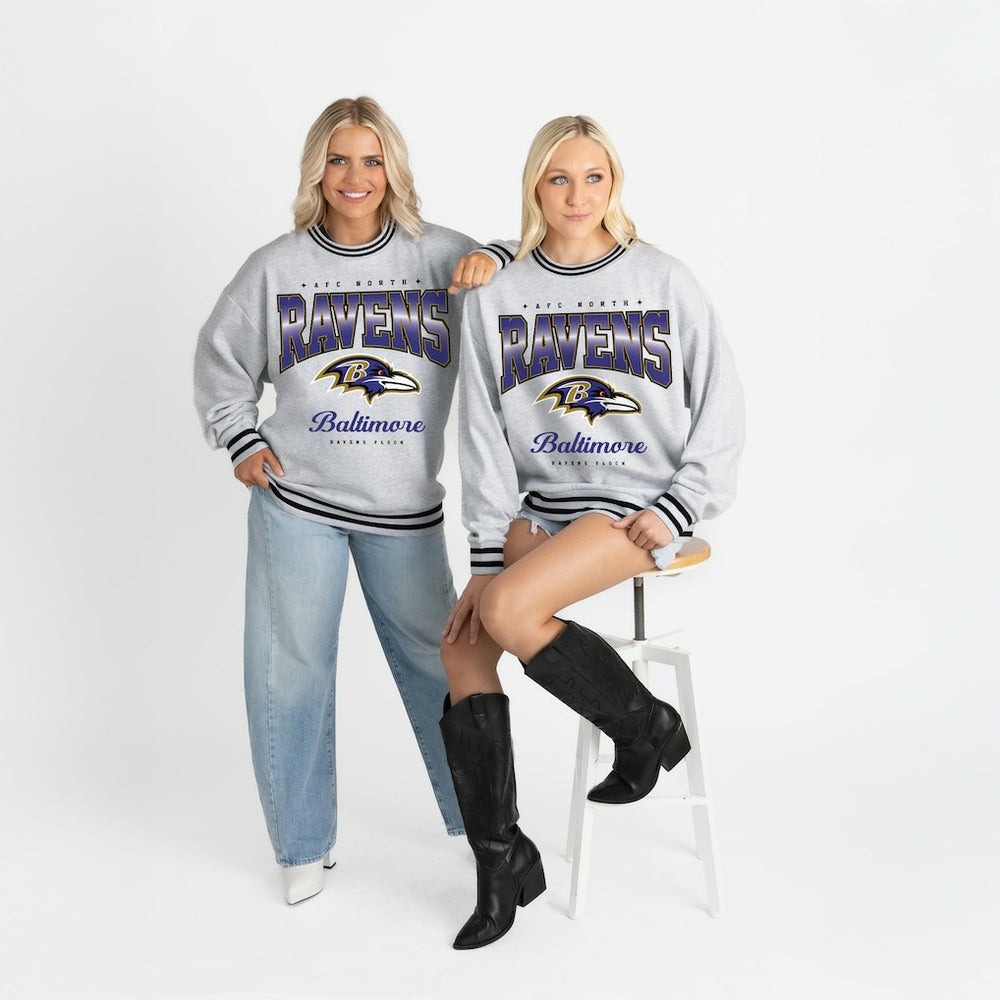 Baltimore Ravens Gameday Couture Women's Oversized Gridiron Drive Ringer Stripe Sweatshirt Ash/Black - NFL