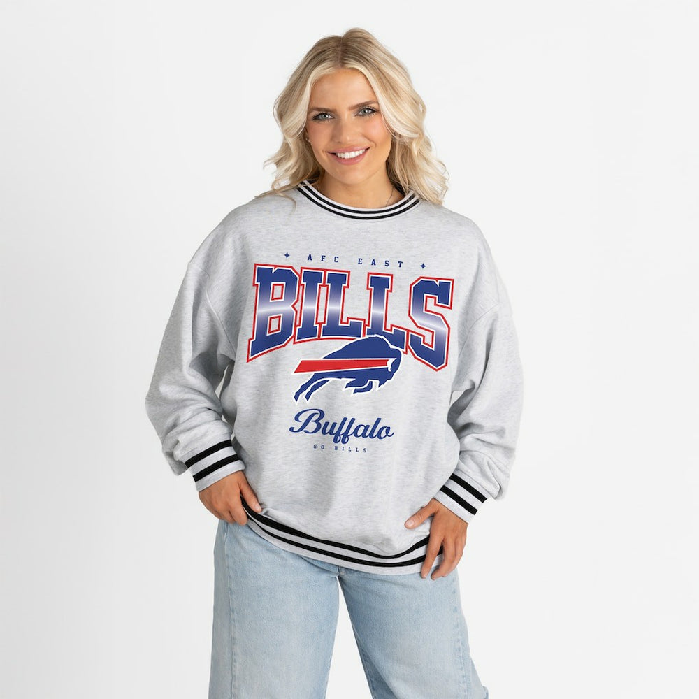 Buffalo Bills Gameday Couture Women's Oversized Gridiron Drive Ringer Stripe Sweatshirt Ash/Black - NFL