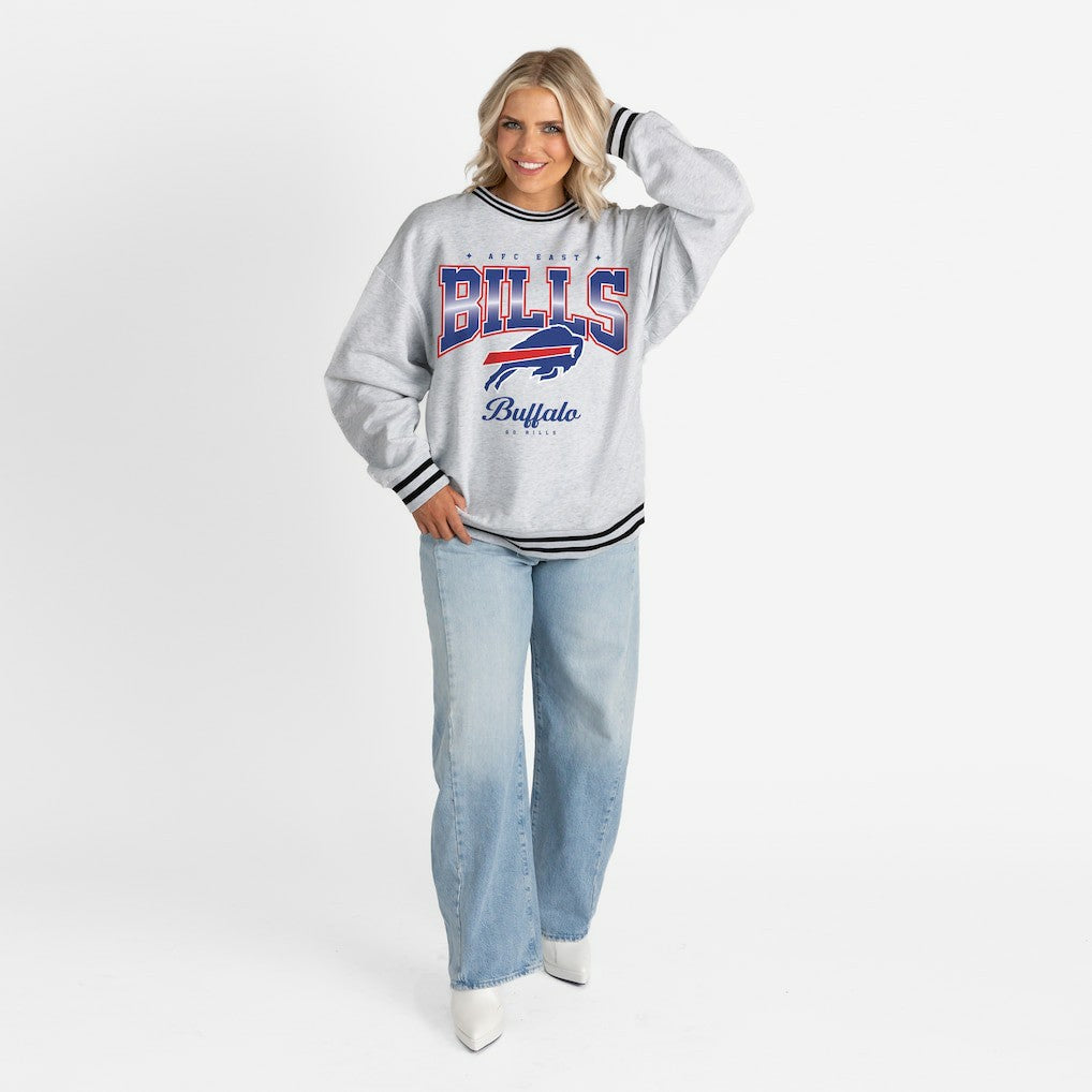 Buffalo Bills Gameday Couture Women's Oversized Gridiron Drive Ringer Stripe Sweatshirt Ash/Black - NFL