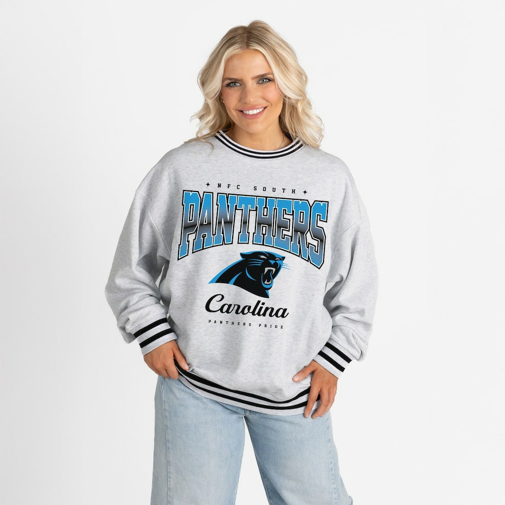 Carolina Panthers Gameday Couture Women's Oversized Gridiron Drive Ringer Stripe Sweatshirt Ash/Black - NFL
