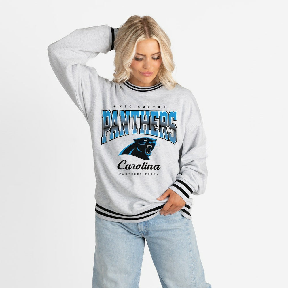 Carolina Panthers Gameday Couture Women's Oversized Gridiron Drive Ringer Stripe Sweatshirt Ash/Black - NFL