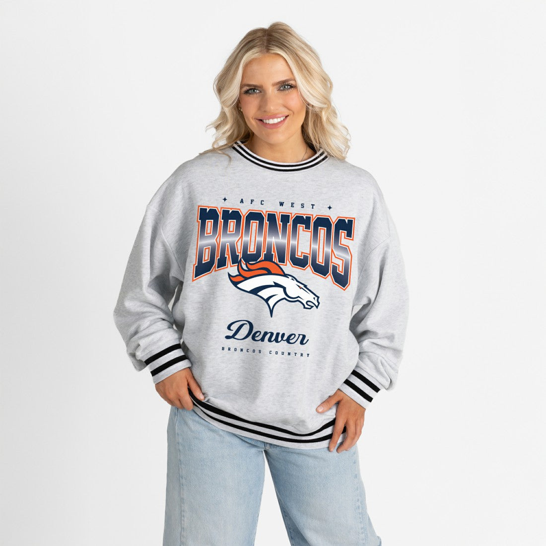 Denver Broncos Gameday Couture Women's Oversized Gridiron Drive Ringer Stripe Sweatshirt Ash/Black - NFL