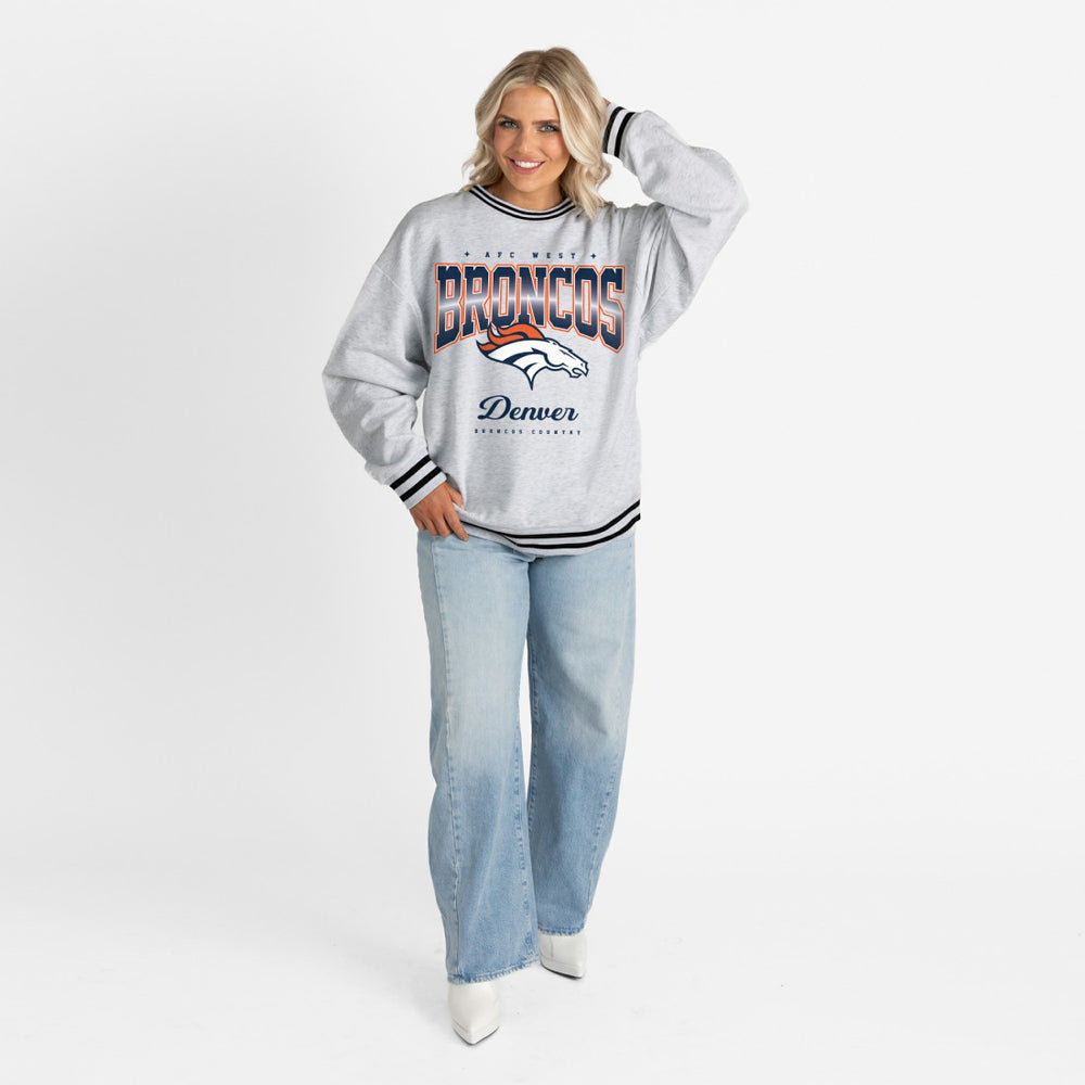 Denver Broncos Gameday Couture Women's Oversized Gridiron Drive Ringer Stripe Sweatshirt Ash/Black - NFL