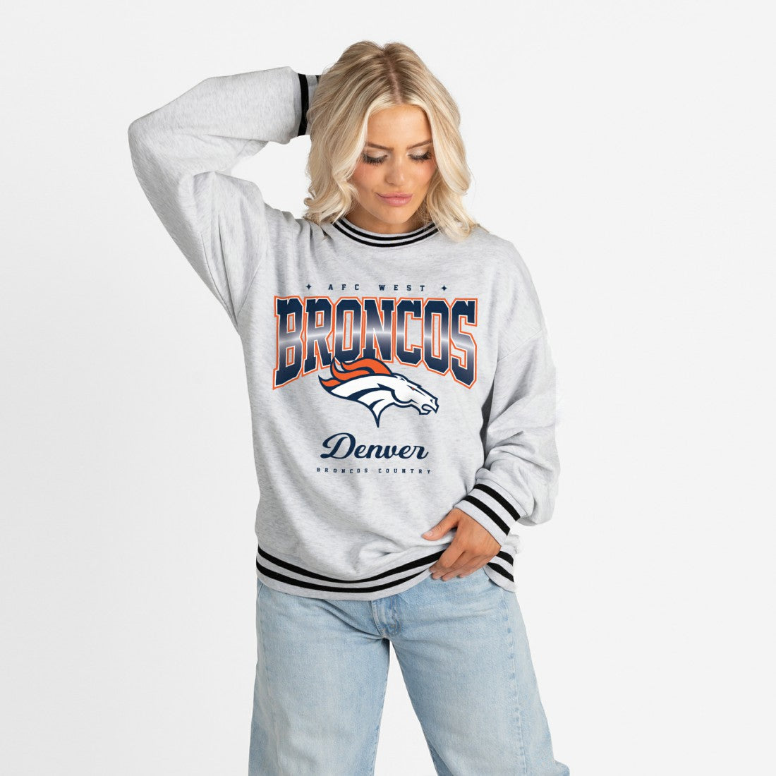 Denver Broncos Gameday Couture Women's Oversized Gridiron Drive Ringer Stripe Sweatshirt Ash/Black - NFL
