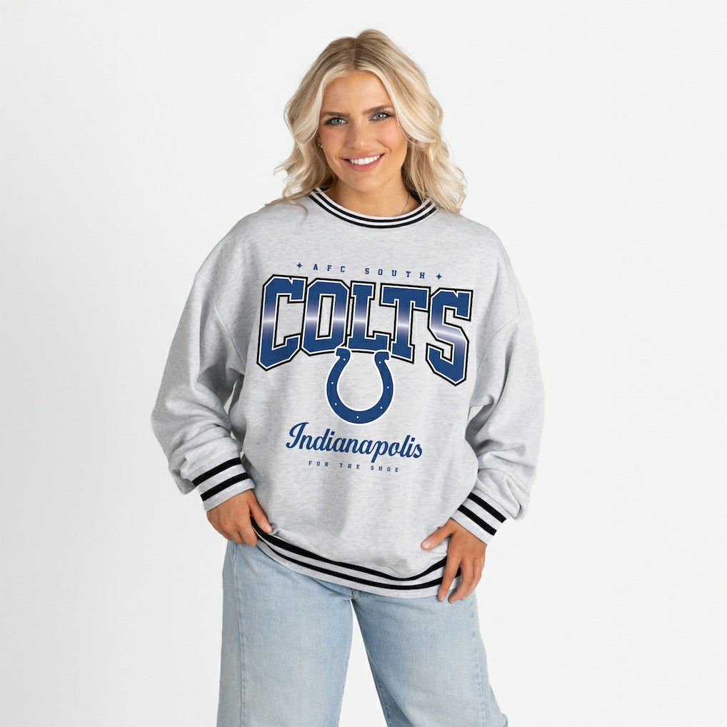 Indianapolis Colts Gameday Couture Women's Oversized Gridiron Drive Ringer Stripe Sweatshirt Ash/Black - NFL