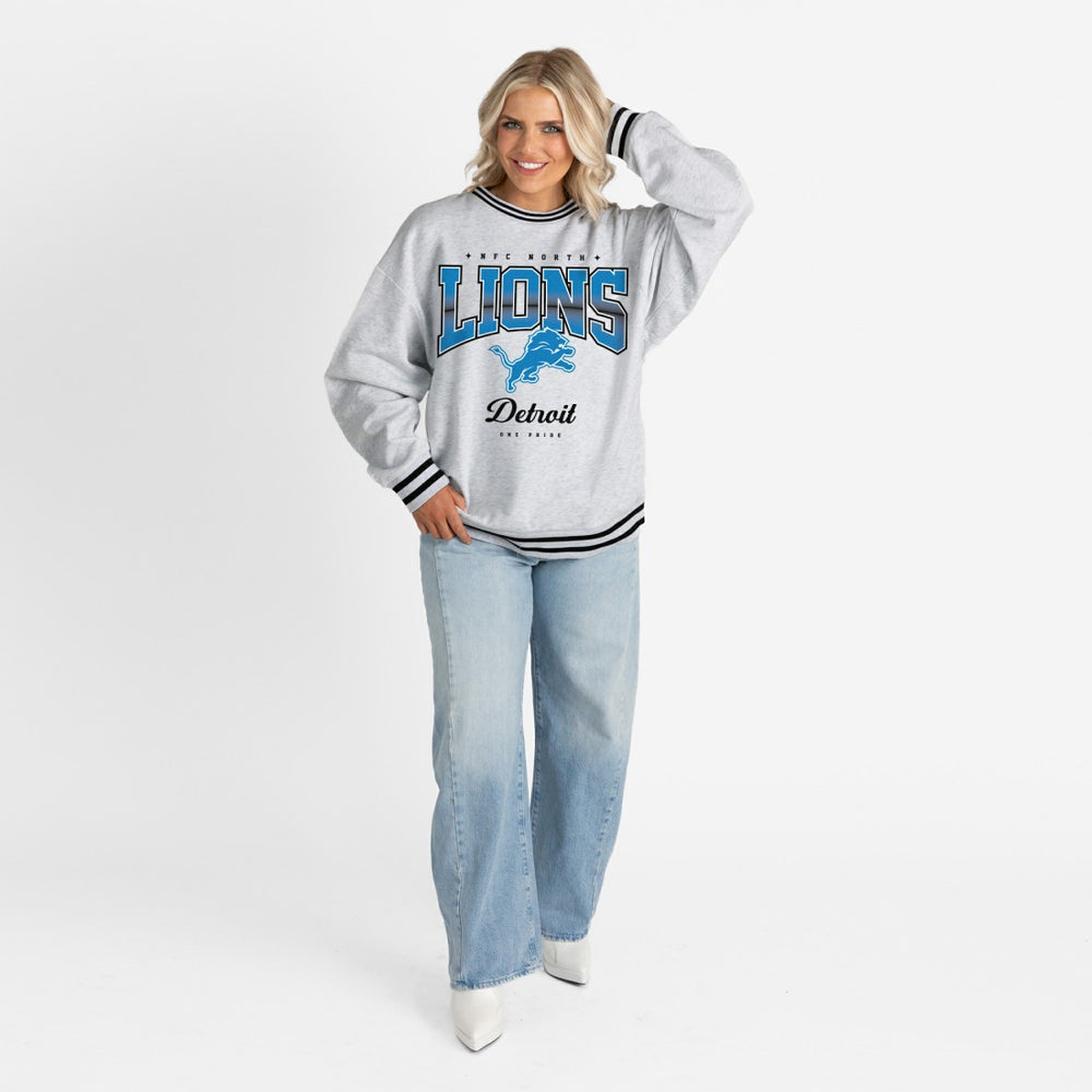 Detroit Lions Gameday Couture Women's Oversized Gridiron Drive Ringer Stripe Sweatshirt Ash/Black - NFL