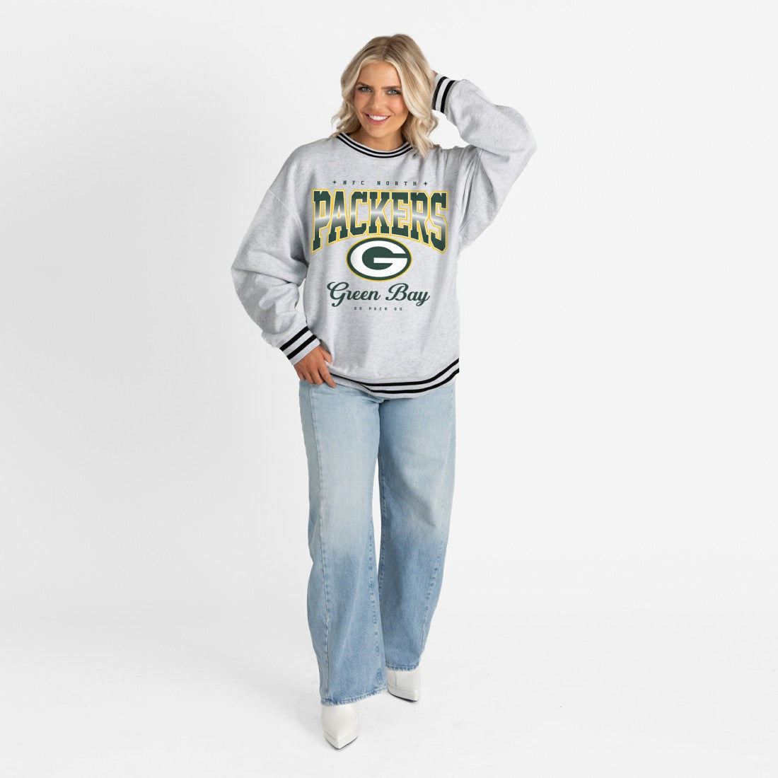 Green Bay Packers Gameday Couture Women's Oversized Gridiron Drive Ringer Stripe Sweatshirt Ash/Black - NFL