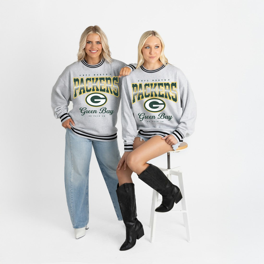 Green Bay Packers Gameday Couture Women's Oversized Gridiron Drive Ringer Stripe Sweatshirt Ash/Black - NFL