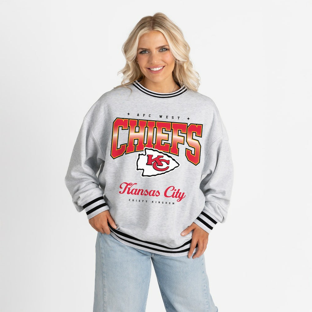 Kansas City Chiefs Gameday Couture Women's Oversized Gridiron Drive Ringer Stripe Sweatshirt Ash/Black - NFL