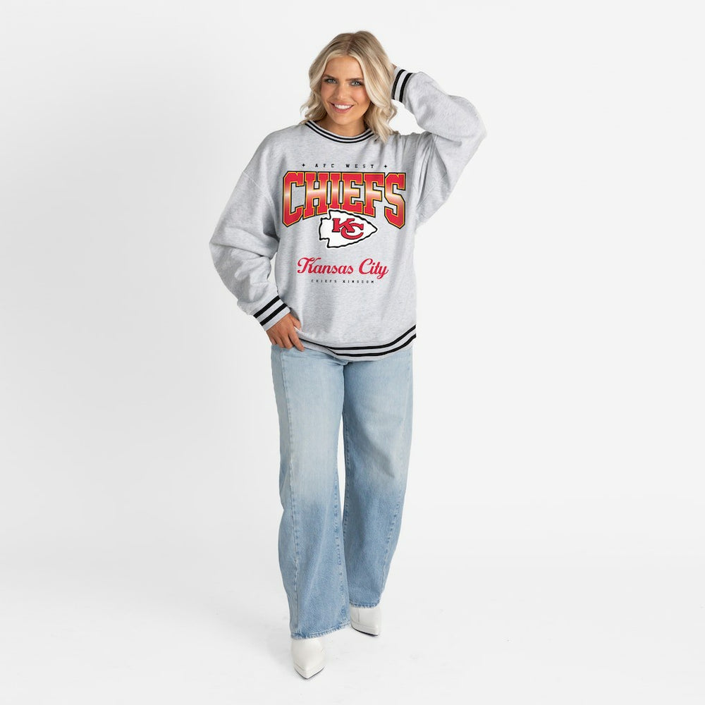 Kansas City Chiefs Gameday Couture Women's Oversized Gridiron Drive Ringer Stripe Sweatshirt Ash/Black - NFL