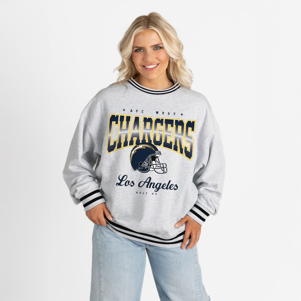 Los Angeles Chargers Gameday Couture Women's Oversized Gridiron Drive Ringer Stripe Sweatshirt Ash/Black - NFL