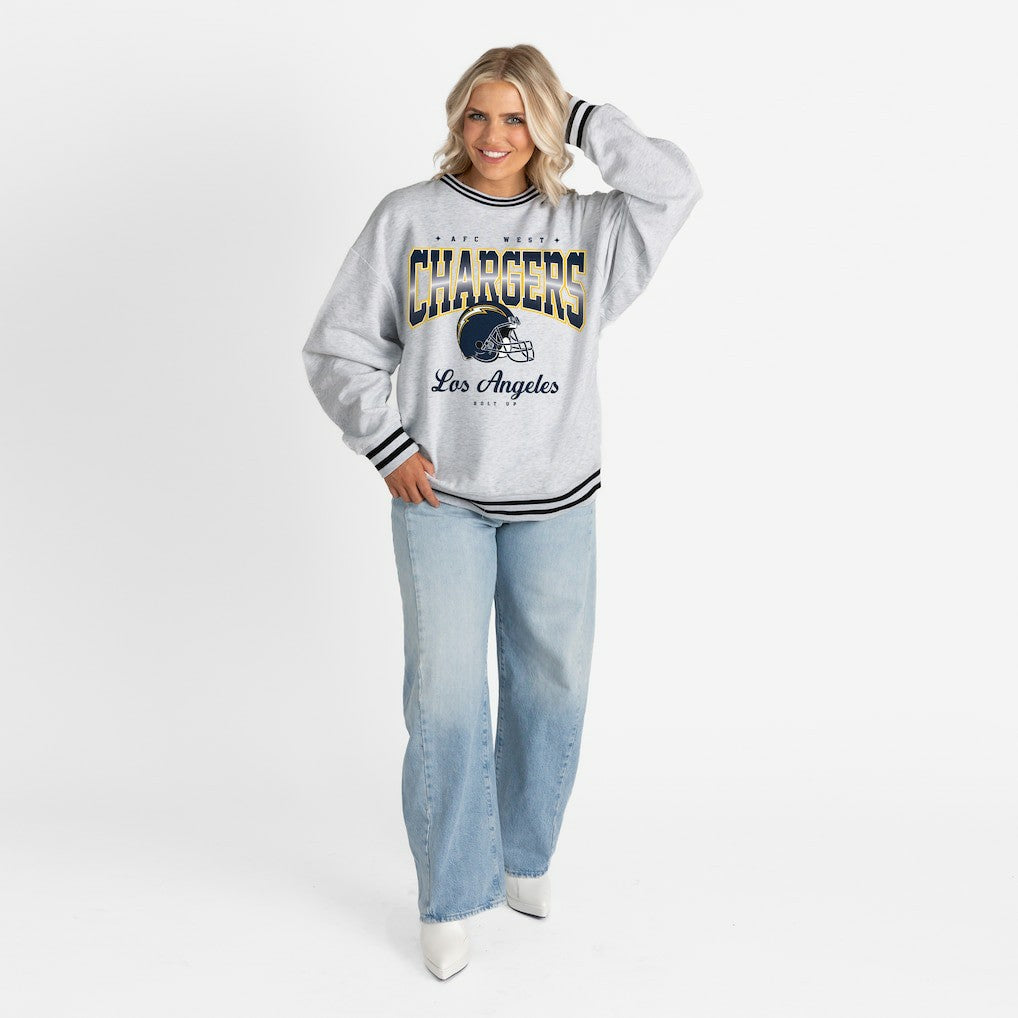 Los Angeles Chargers Gameday Couture Women's Oversized Gridiron Drive Ringer Stripe Sweatshirt Ash/Black - NFL