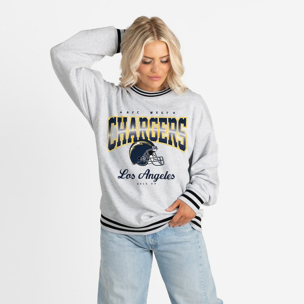 Los Angeles Chargers Gameday Couture Women's Oversized Gridiron Drive Ringer Stripe Sweatshirt Ash/Black - NFL