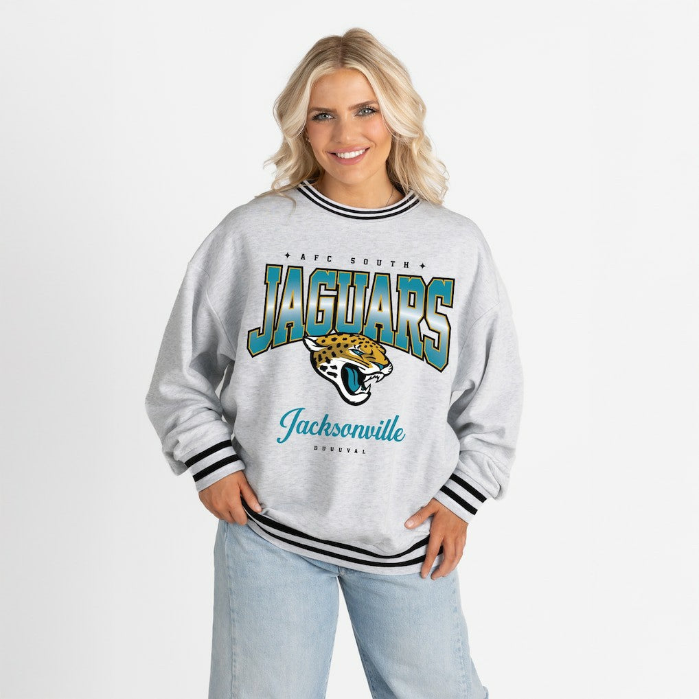 Jacksonville Jaguars Gameday Couture Women's Oversized Gridiron Drive Ringer Stripe Sweatshirt Ash/Black - NFL