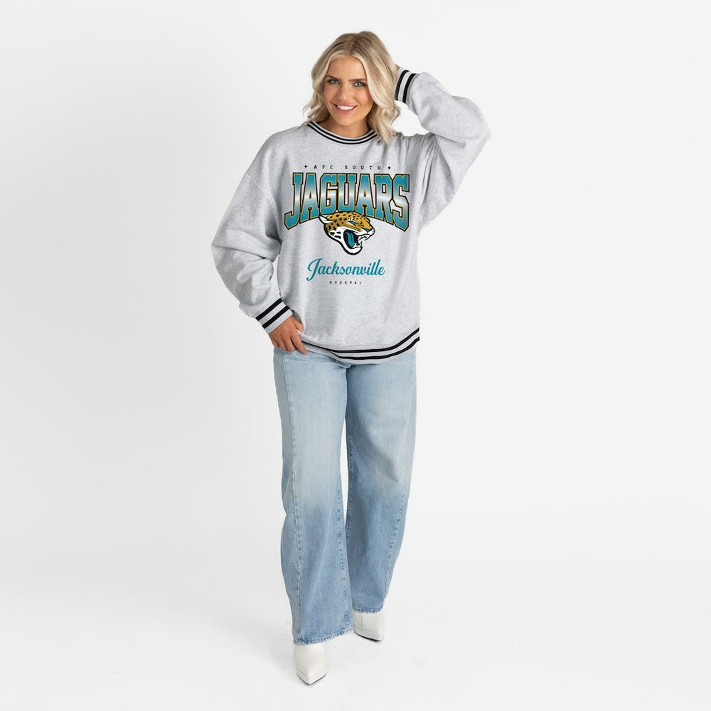 Jacksonville Jaguars Gameday Couture Women's Oversized Gridiron Drive Ringer Stripe Sweatshirt Ash/Black - NFL