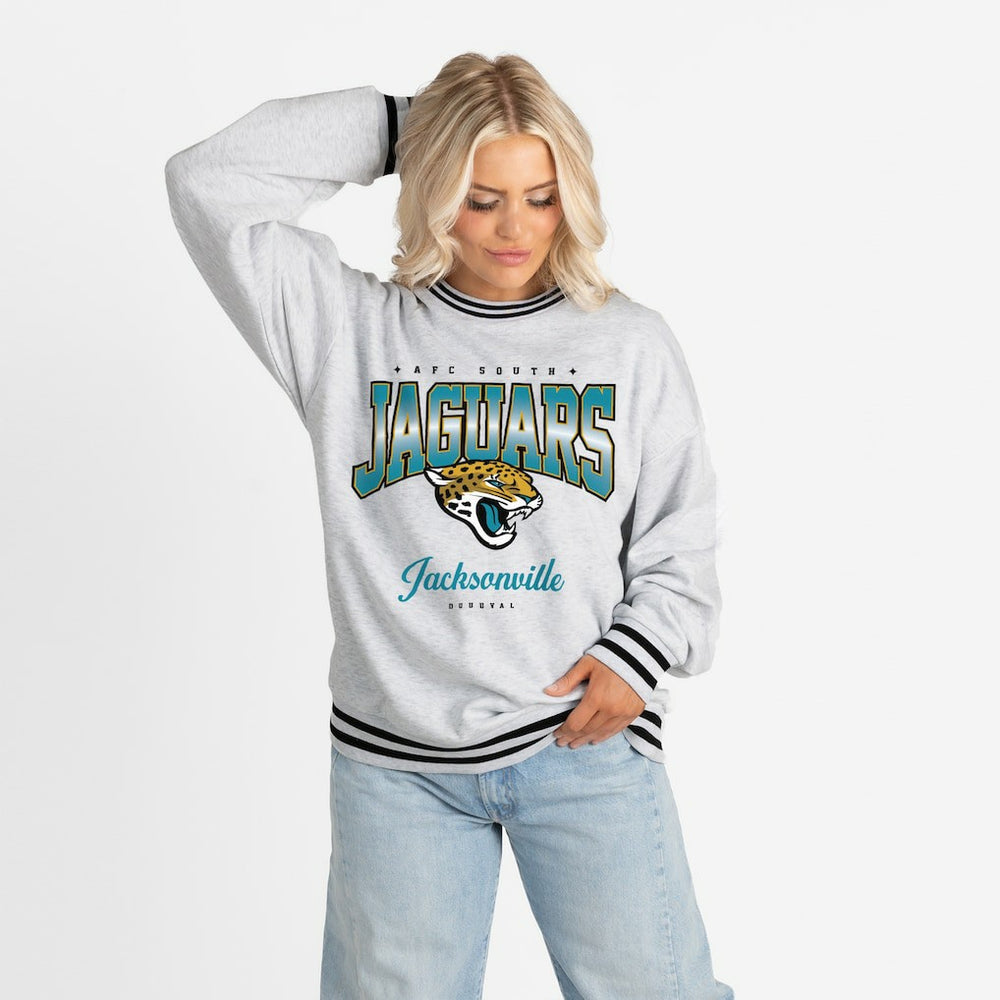 Jacksonville Jaguars Gameday Couture Women's Oversized Gridiron Drive Ringer Stripe Sweatshirt Ash/Black - NFL