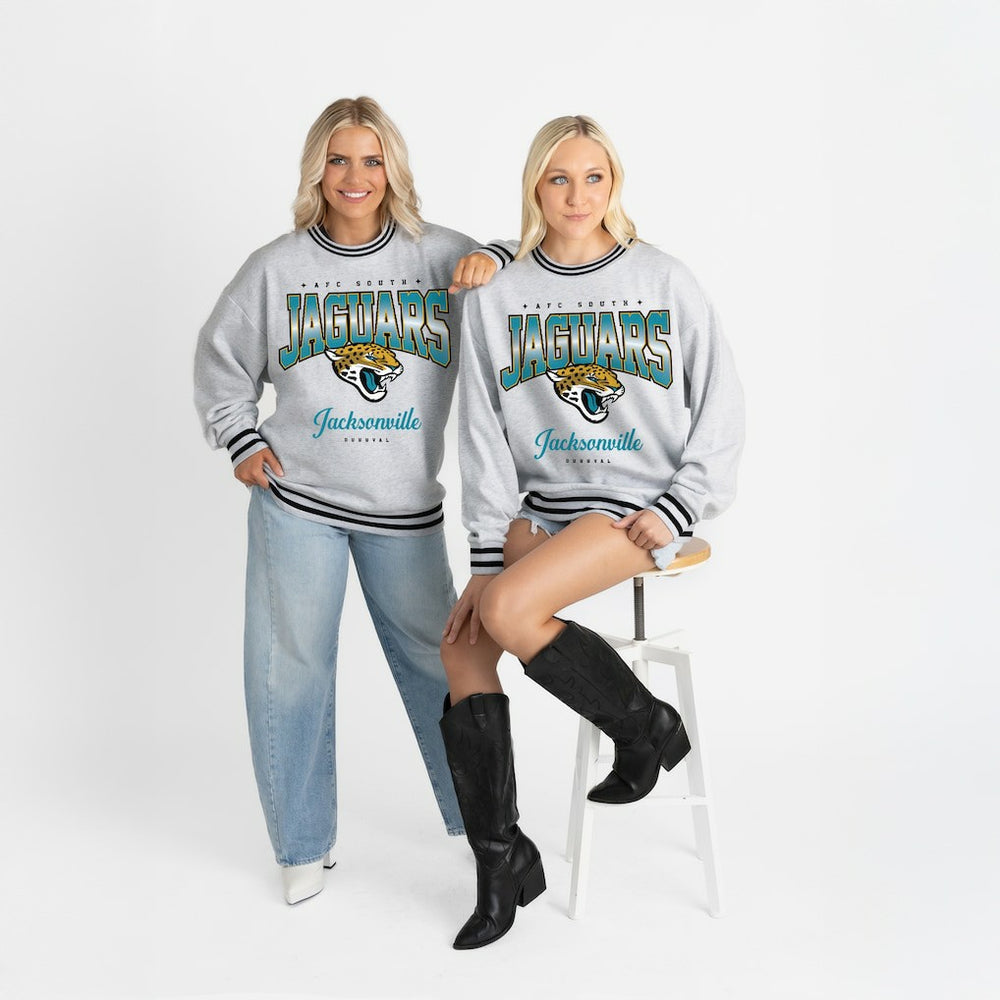 Jacksonville Jaguars Gameday Couture Women's Oversized Gridiron Drive Ringer Stripe Sweatshirt Ash/Black - NFL