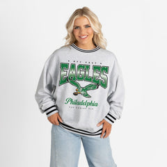 Philadelphia Eagles Gameday Couture Women's Oversized Gridiron Drive Ringer Stripe Sweatshirt Ash/Black - NFL