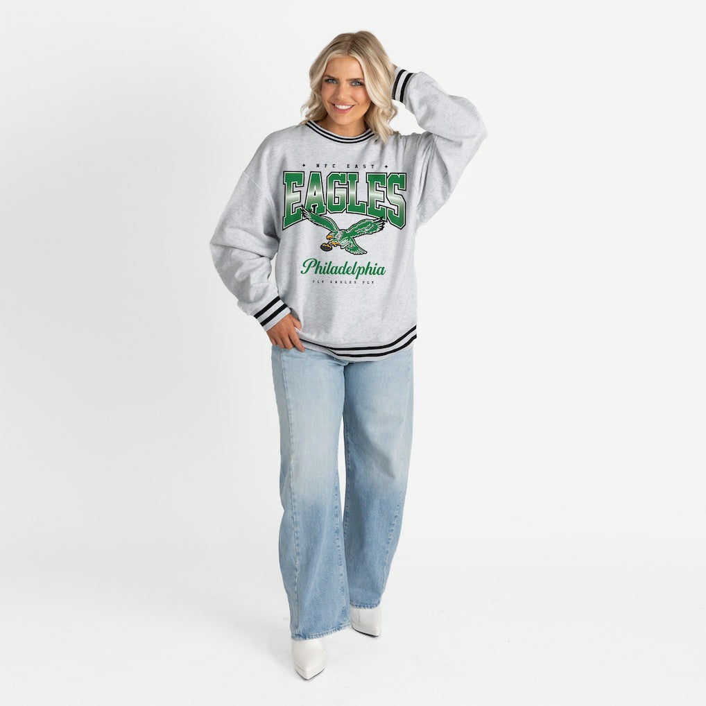 Philadelphia Eagles Gameday Couture Women's Oversized Gridiron Drive Ringer Stripe Sweatshirt Ash/Black - NFL