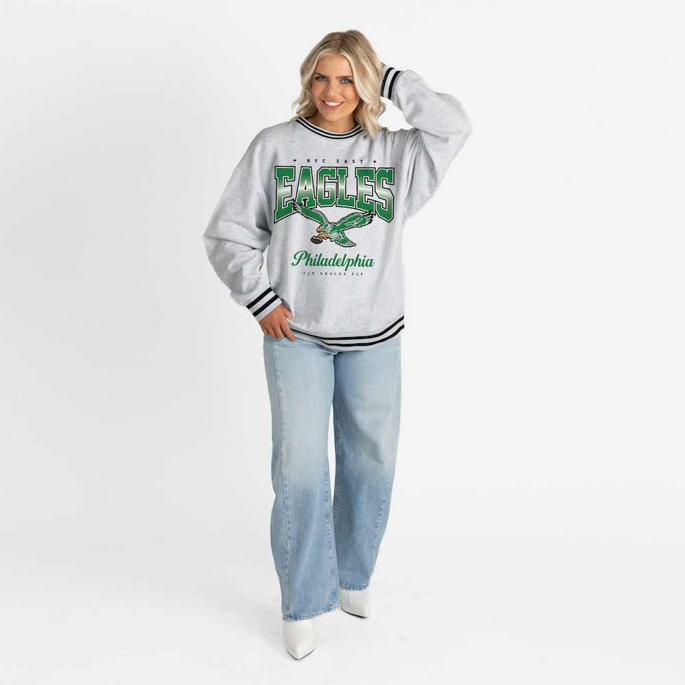 Philadelphia Eagles Gameday Couture Women's Oversized Gridiron Drive Ringer Stripe Sweatshirt Ash/Black - NFL
