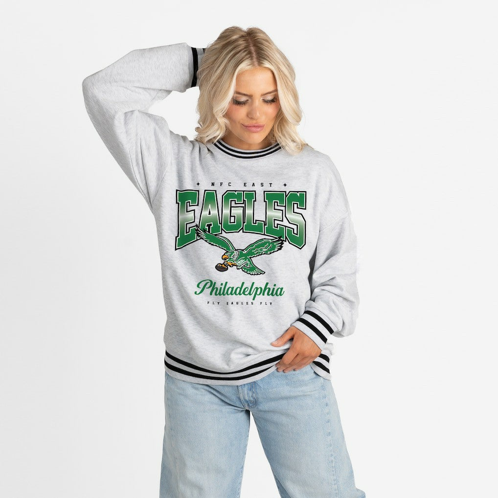 Philadelphia Eagles Gameday Couture Women's Oversized Gridiron Drive Ringer Stripe Sweatshirt Ash/Black - NFL
