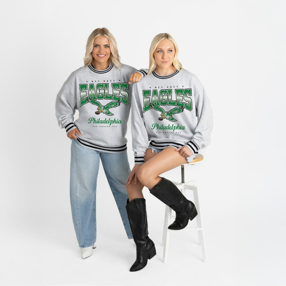 Philadelphia Eagles Gameday Couture Women's Oversized Gridiron Drive Ringer Stripe Sweatshirt Ash/Black - NFL