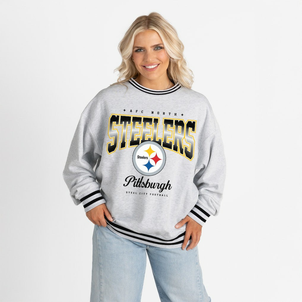 Pittsburgh Steelers Gameday Couture Women's Oversized Gridiron Drive Ringer Stripe Sweatshirt Ash/Black - NFL