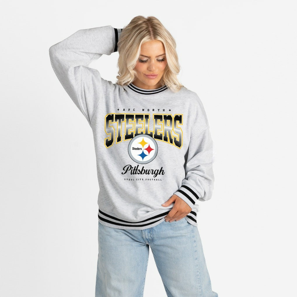 Pittsburgh Steelers Gameday Couture Women's Oversized Gridiron Drive Ringer Stripe Sweatshirt Ash/Black - NFL