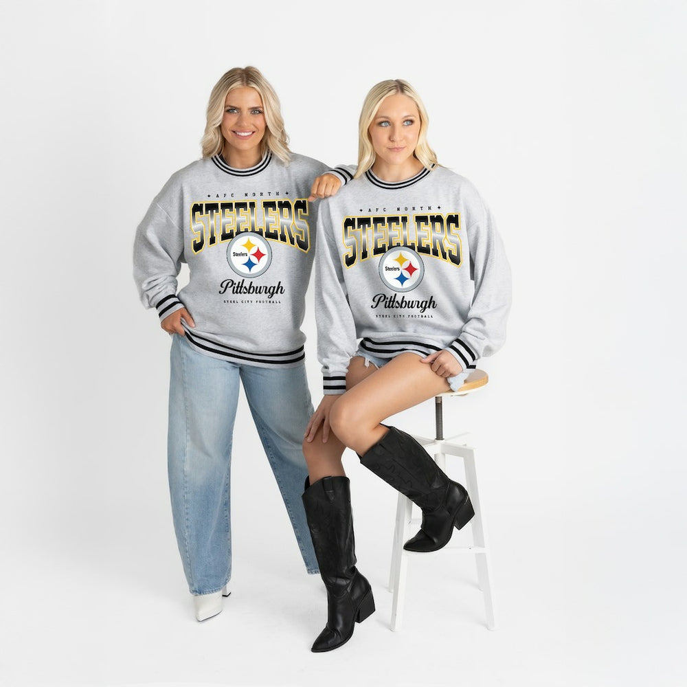 Pittsburgh Steelers Gameday Couture Women's Oversized Gridiron Drive Ringer Stripe Sweatshirt Ash/Black - NFL
