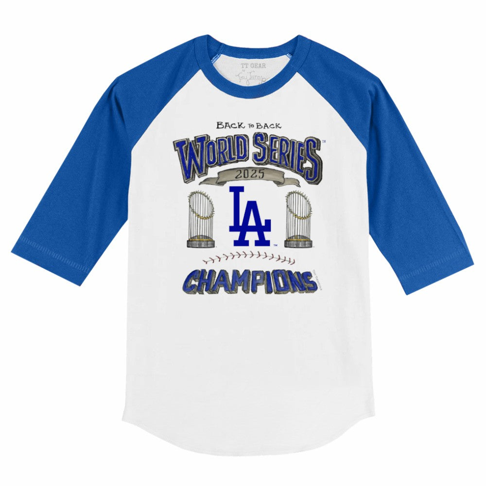 Los Angeles Dodgers Tiny Turnip Youth 2025 World Series Champions 3/4-Sleeve Raglan Baseball T-Shirt Near Me