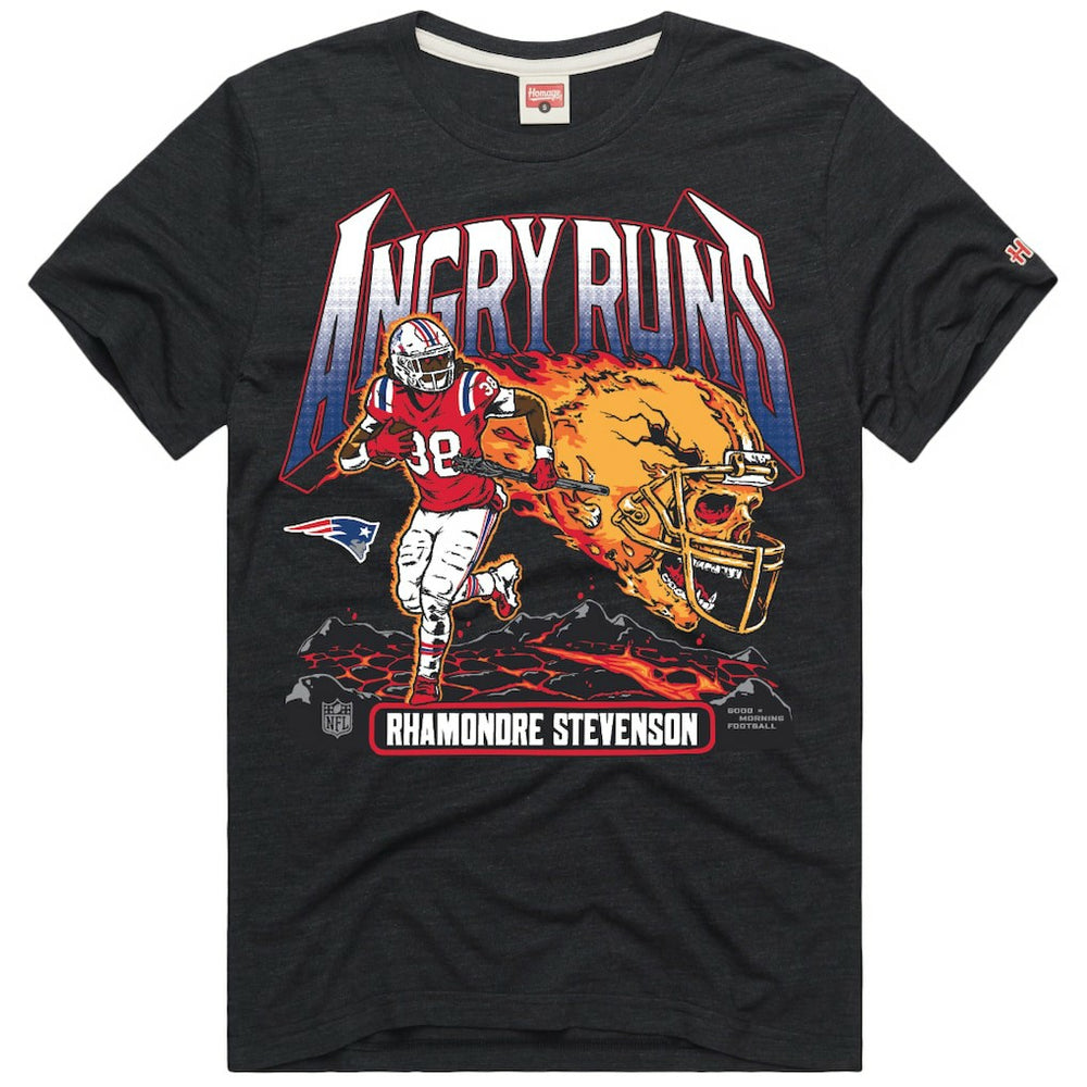 Rhamondre Stevenson New England Patriots Homage Unisex Angry Runs Player Graphic Tri-Blend T-Shirt Charcoal - NFL