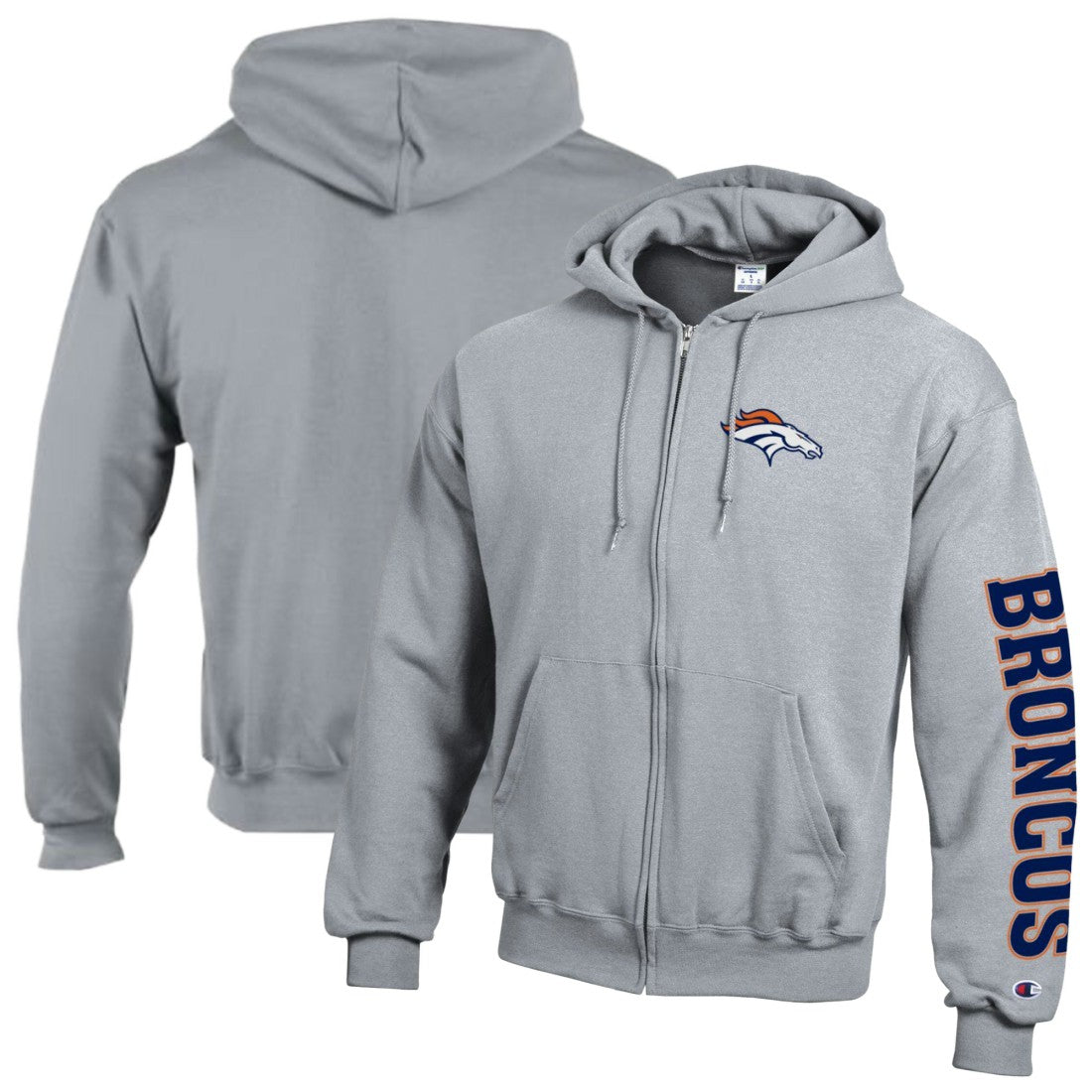 Denver Broncos Champion Powerblend Fleece Full-Zip Hoodie Heather Gray - NFL