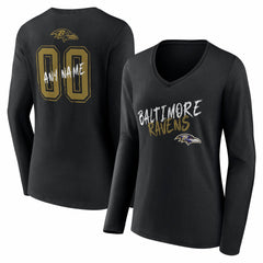 Baltimore Ravens Women's Hustle Personalized Name & Number Long Sleeve V-Neck T-Shirt Black - NFL