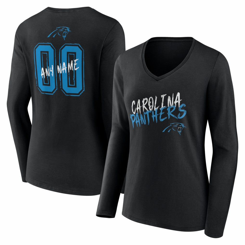 Carolina Panthers Women's Hustle Personalized Name & Number Long Sleeve V-Neck T-Shirt Black - NFL