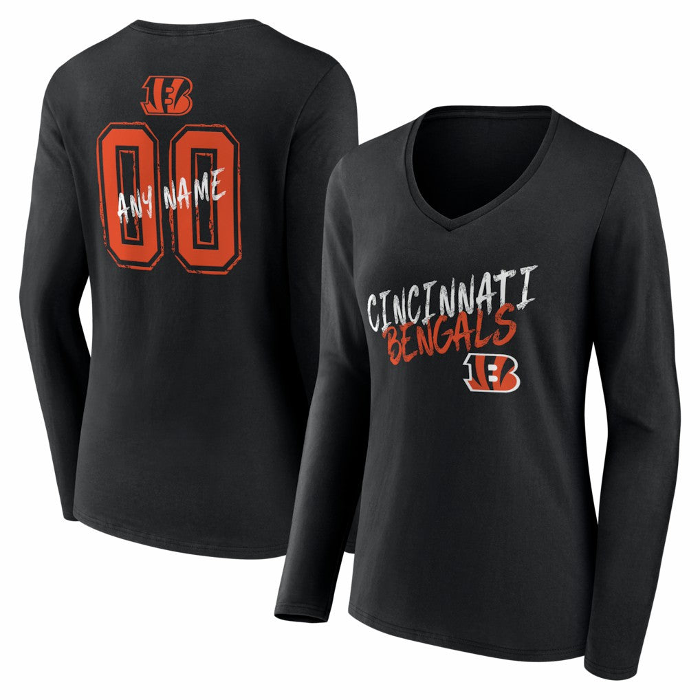 Cincinnati Bengals Women's Hustle Personalized Name & Number Long Sleeve V-Neck T-Shirt Black - NFL