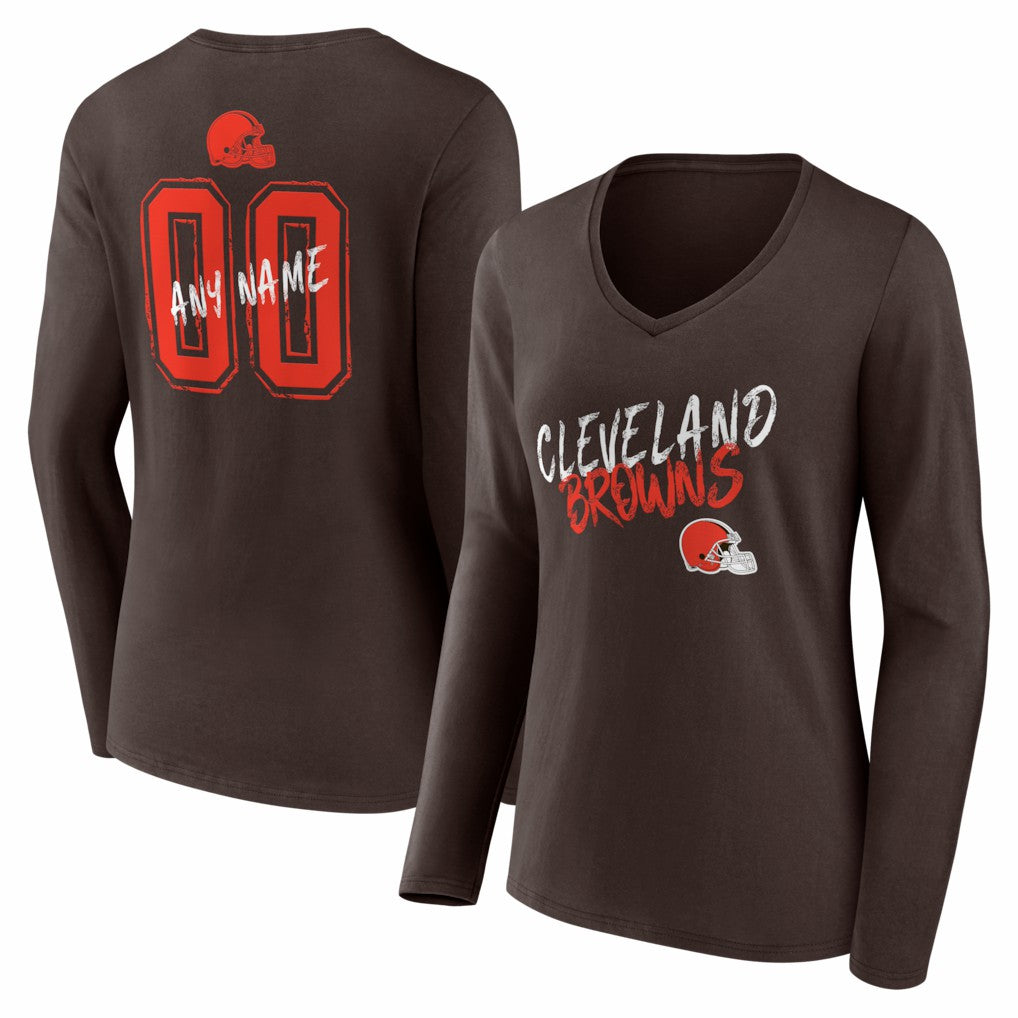 Cleveland Browns Women's Hustle Personalized Name & Number Long Sleeve V-Neck T-Shirt Brown - NFL
