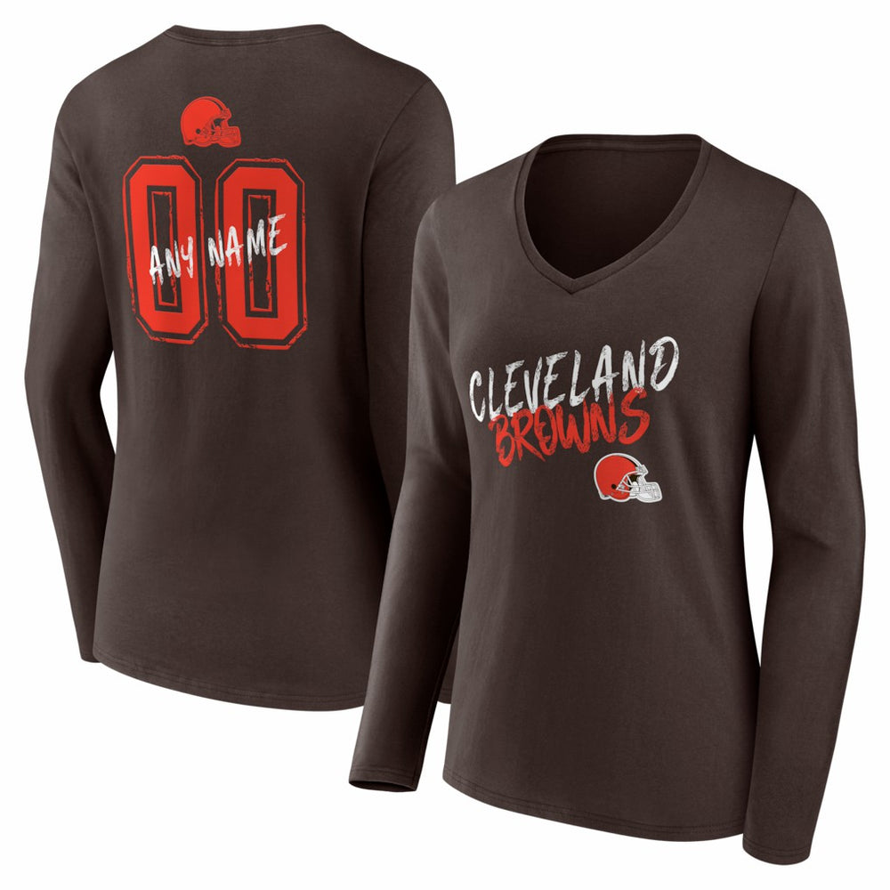 Cleveland Browns Women's Hustle Personalized Name & Number Long Sleeve V-Neck T-Shirt Brown - NFL
