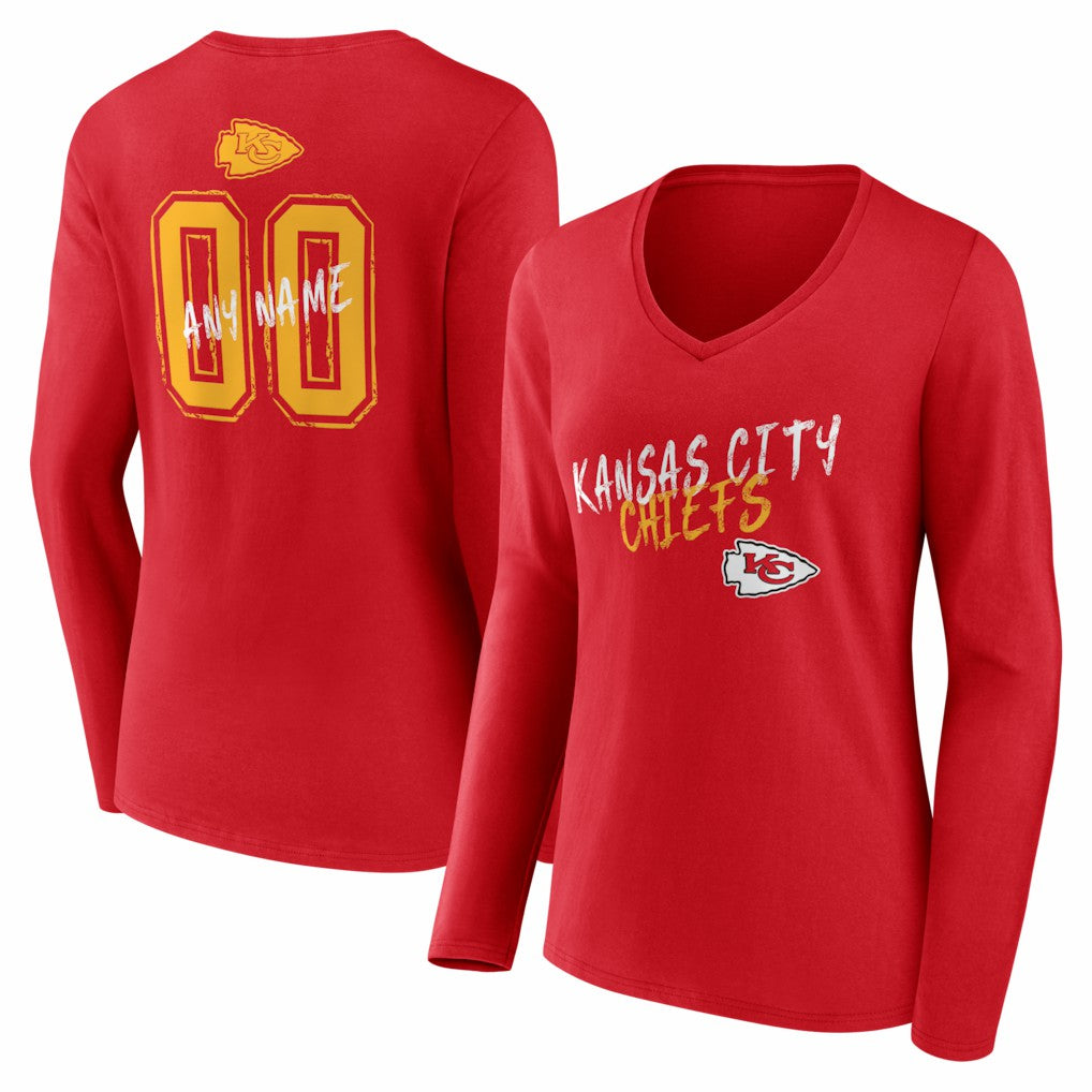 Kansas City Chiefs Women's Hustle Personalized Name & Number Long Sleeve V-Neck T-Shirt Red - NFL