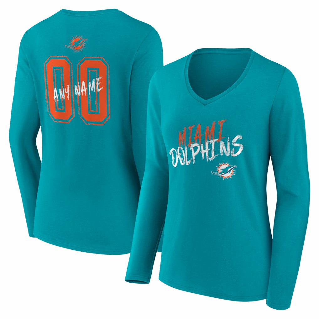 Miami Dolphins Women's Hustle Personalized Name & Number Long Sleeve V-Neck T-Shirt Aqua - NFL