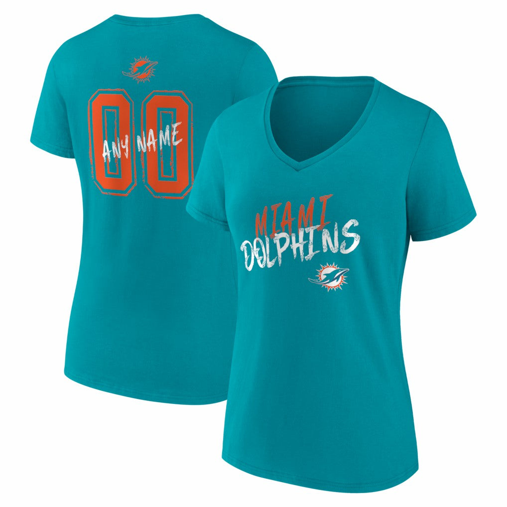 Miami Dolphins Women's Hustle Personalized Name & Number V-Neck T-Shirt Aqua - NFL