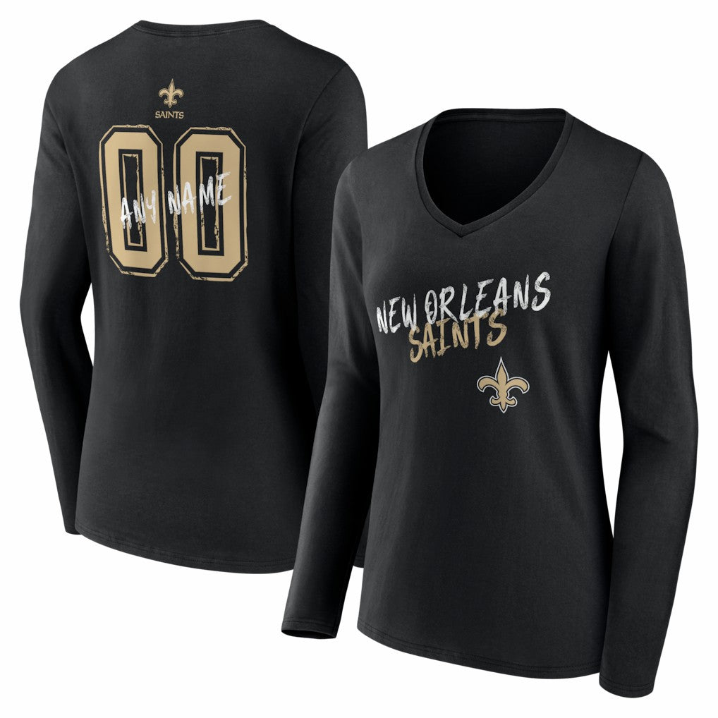 New Orleans Saints Women's Hustle Personalized Name & Number Long Sleeve V-Neck T-Shirt Black - NFL