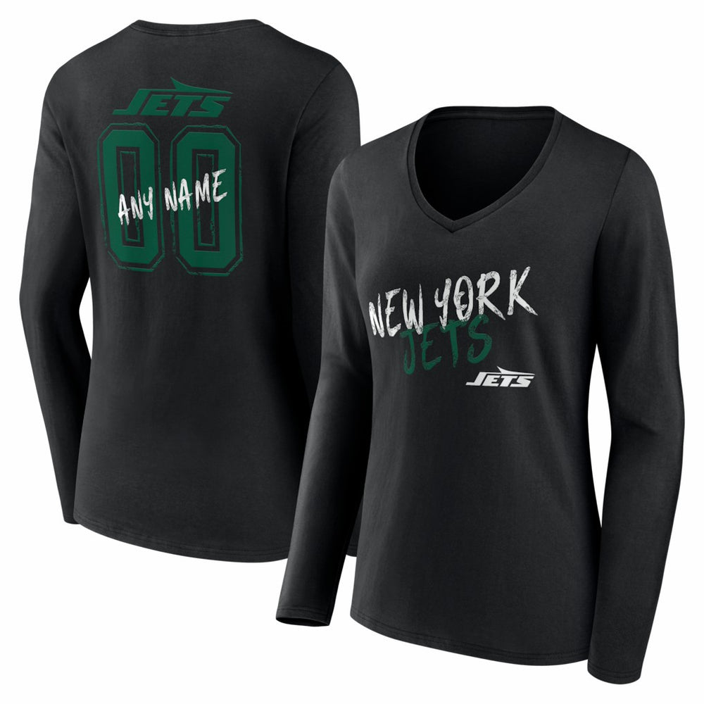 New York Jets Women's Hustle Personalized Name & Number Long Sleeve V-Neck T-Shirt Black - NFL