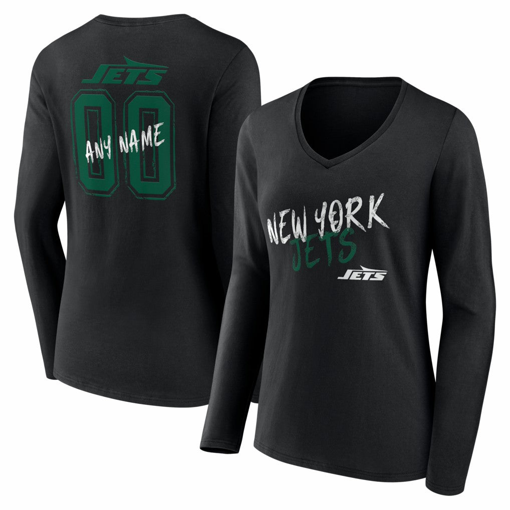 New York Jets Women's Hustle Personalized Name & Number Long Sleeve V-Neck T-Shirt Black - NFL