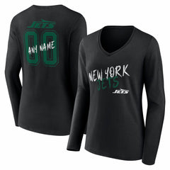 New York Jets Women's Hustle Personalized Name & Number Long Sleeve V-Neck T-Shirt Black - NFL