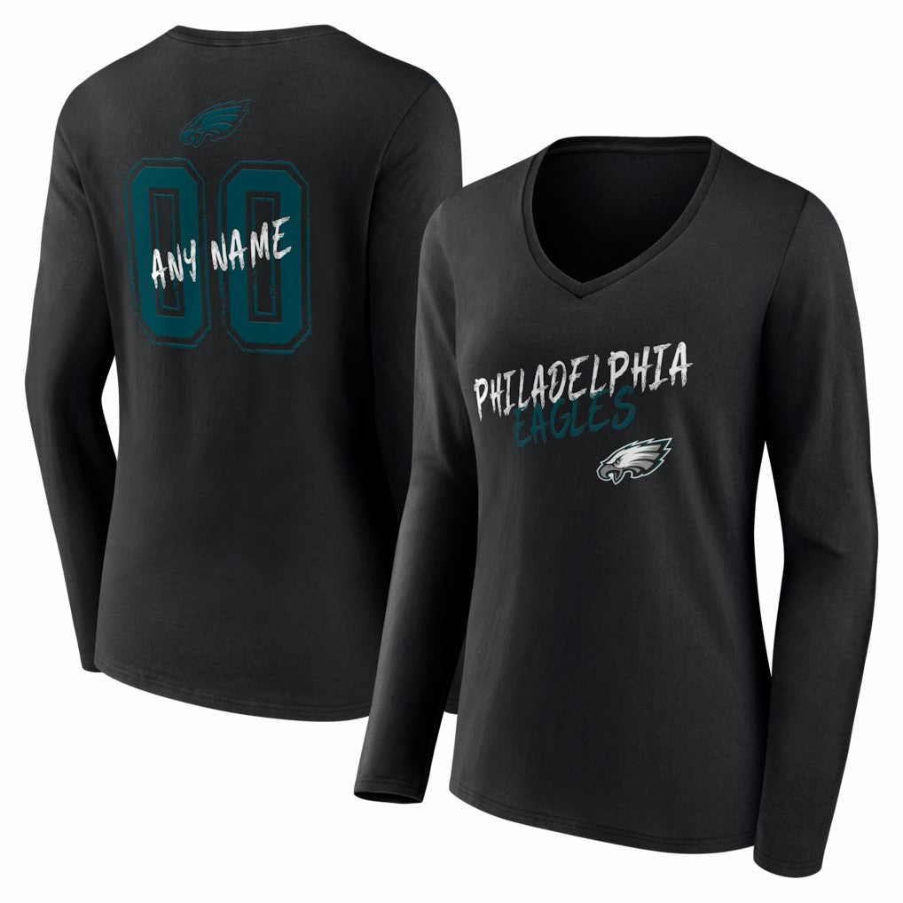 Philadelphia Eagles Women's Hustle Personalized Name & Number Long Sleeve V-Neck T-Shirt Black - NFL