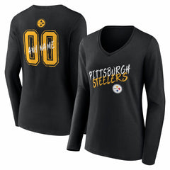 Pittsburgh Steelers Women's Hustle Personalized Name & Number Long Sleeve V-Neck T-Shirt Black - NFL